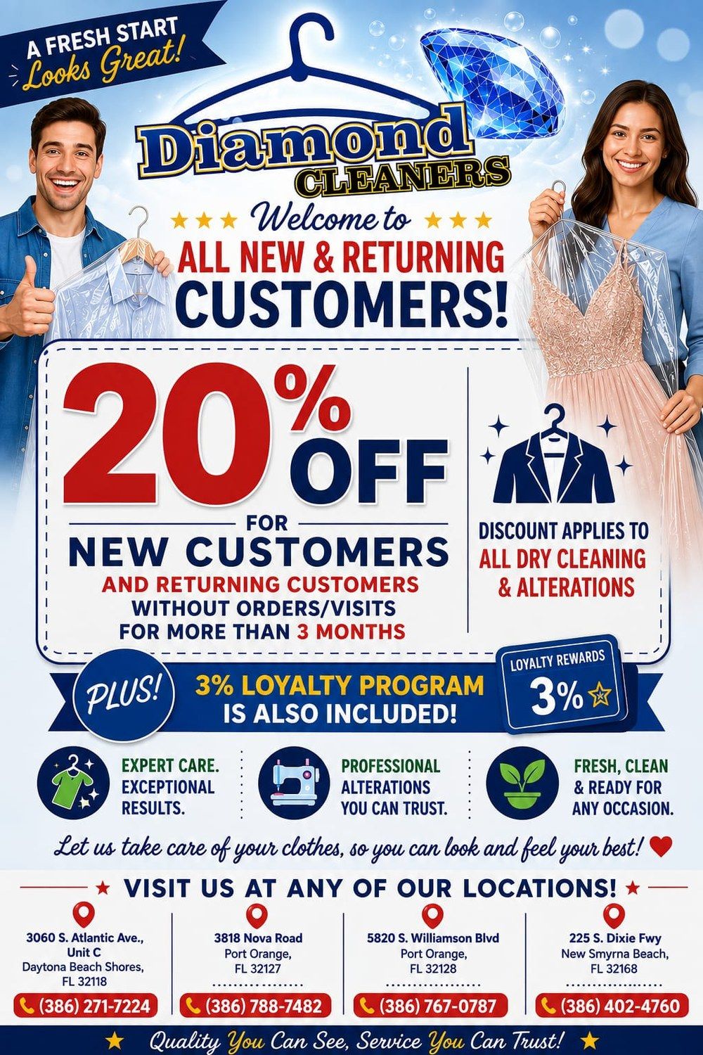 Diamond Cleaners: 20% off for new and returning customers, plus 3% loyalty rewards